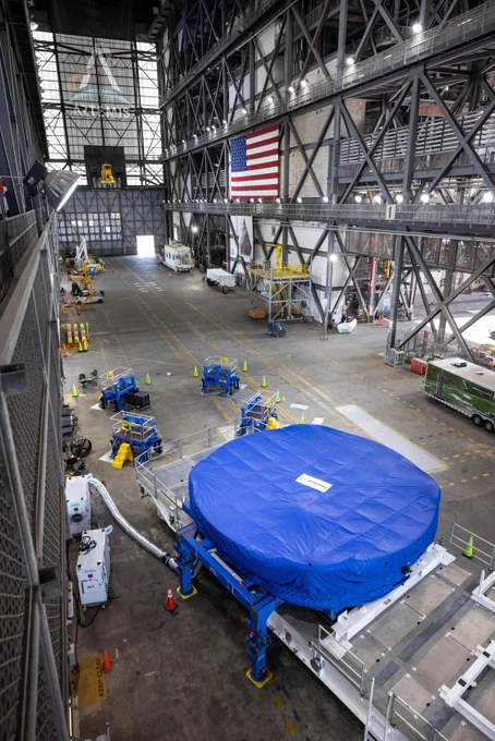 Teams from NASA’s Kennedy Space Center in Florida transport the agency’s Artemis III SLS (Space Launch System) core stage boat tail from the spaceport's Space Systems Processing Facility to the Vehicle Assembly Building on Thursday, July 24.