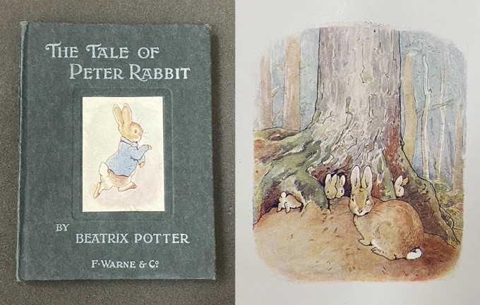 Photos of the cover and frontispiece image from 1902 edition of The Tale of Peter Rabbit. The cover is green with white lettering, and has an image of a rabbit in the center. The frontispiece is an image of a rabbit family near the base of large tree.