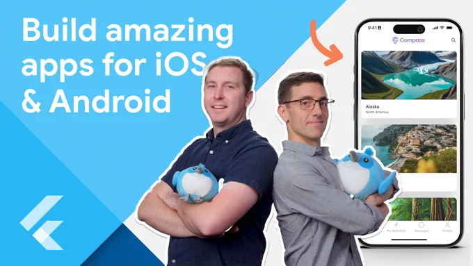 YouTube thumbnail with the title text "Build amazing apps for iOS & Android" to the right of the two speakers posting back to back and holding plush toys of Flutter's mascot Dash. 