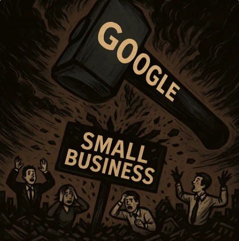 A dark, dramatic illustration showing a giant hammer labeled “GOOGLE” slamming down on overwhelmed small business owners, symbolizing the crushing and unjust impact of Google Business Profile suspensions on real, verified businesses. And, there's no recourse for owners to fix it.