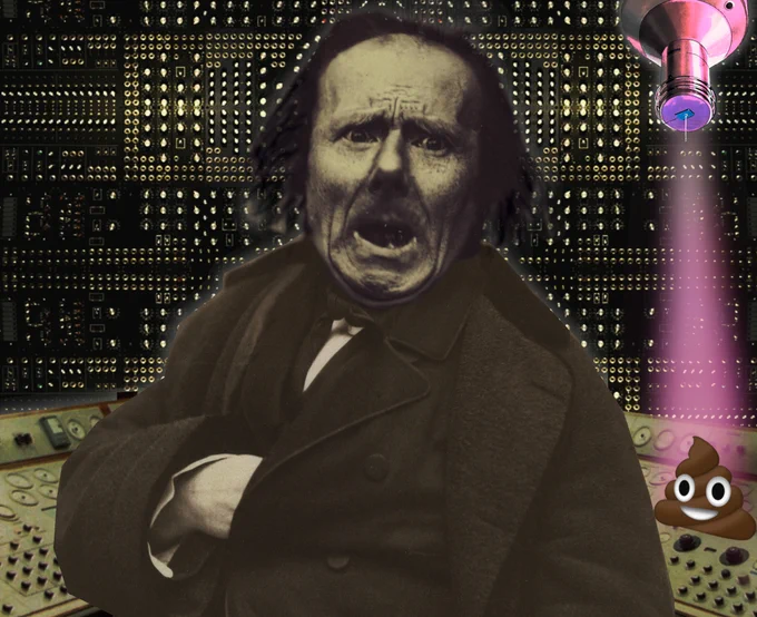 

A terrified, screaming man with wild hair wearing a greatcoat with his hand inserted beneath the lapel, covering his heart. He stands before a knob-festooned control desk and a background of hundreds of gridded knobs and dials. A grinning poop emoji peers over the control desk.


Image:
Stephen Drake (modified)
https://commons.wikimedia.org/wiki/File:Analog_Test_Array_modular_synth_by_sduck409.jpg

CC BY 2.0
https://creativecommons.org/licenses/by/2.0/deed.en

