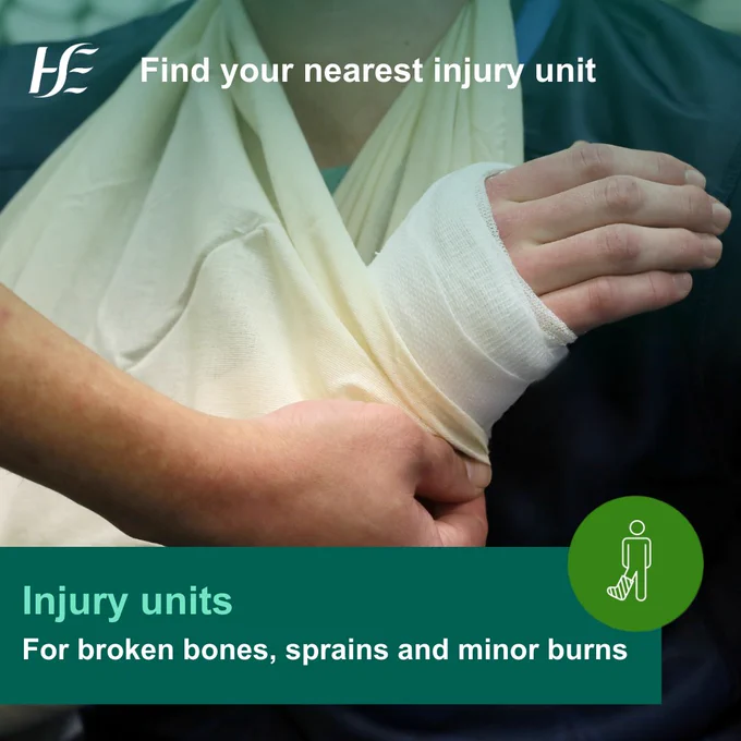 A healthcare worker applying a cast to a patients arm in an injury unit. The text says 'Injury units, for broken bones, sprains and minor burns. Find your nearest injury unit'.
