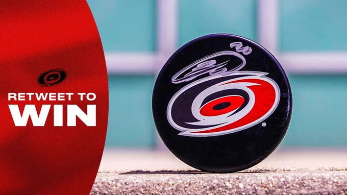 Graphic promoting a RT to win contest for a signed Sebastian Aho puck