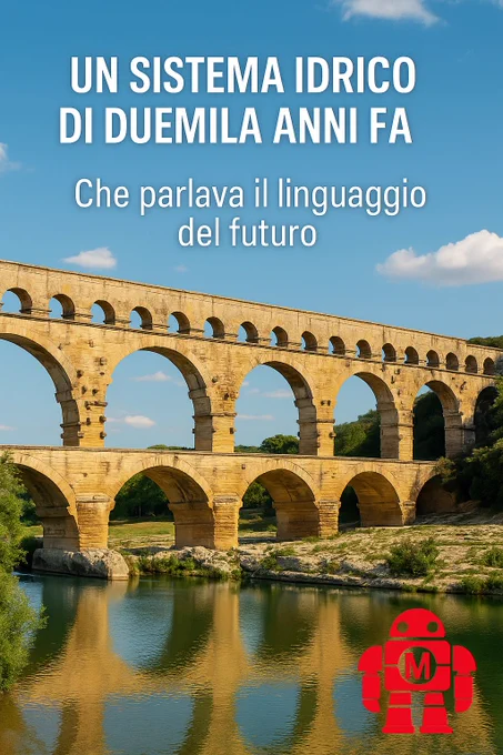 Acquedotto romano antico su fiume, simbolo di ingegneria idraulica avanzata, con scritta “Un sistema idrico di duemila anni fa che parlava il linguaggio del futuro” e lMascotter Maker Faire Rome. Riferimento a innovazione, sostenibilità e riuso dei materiali nella tecnologia storica
