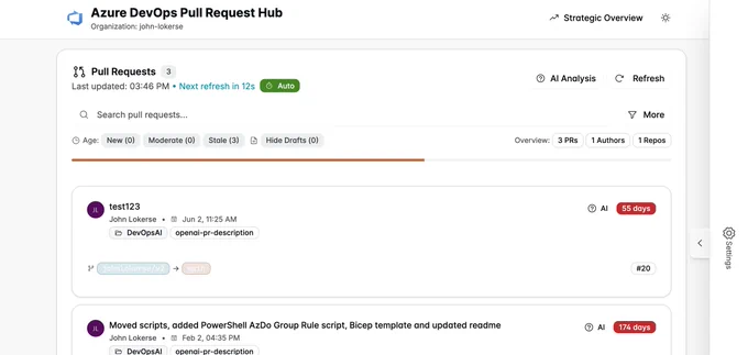 Azure DevOps pull request hub overview created in Spark
