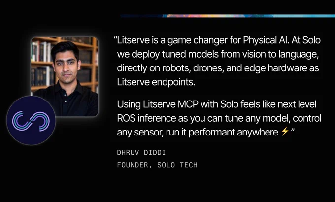Dhruv Diddi, founder of Solo Tech, quoted on a presentation slide about utilizing ListServe MCP with Solo feels for enhancing AI deployment on robots, drones, and edge hardware. The slide includes a logo and a picture of Dhruv Diddi against a dark background.