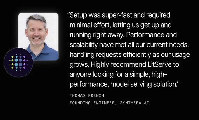 Image featuring a testimonial from Thomas French, Founding Engineer at Synthera AI, praising LitUsage for its setup speed, performance, and scalability. The testimonial is displayed alongside a profile photo of Thomas French.