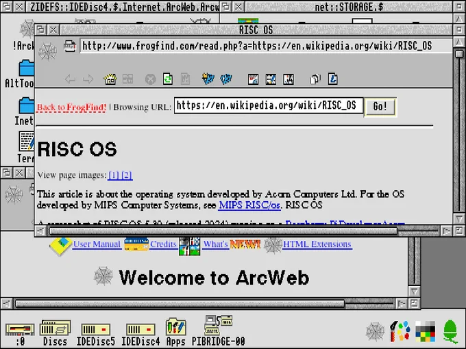 A screenshot of RISC OS 3.1 running ArcWeb, a web browser from the mid-1990s showing the Wikipedia page for RISC OS displayed using FrogFind.