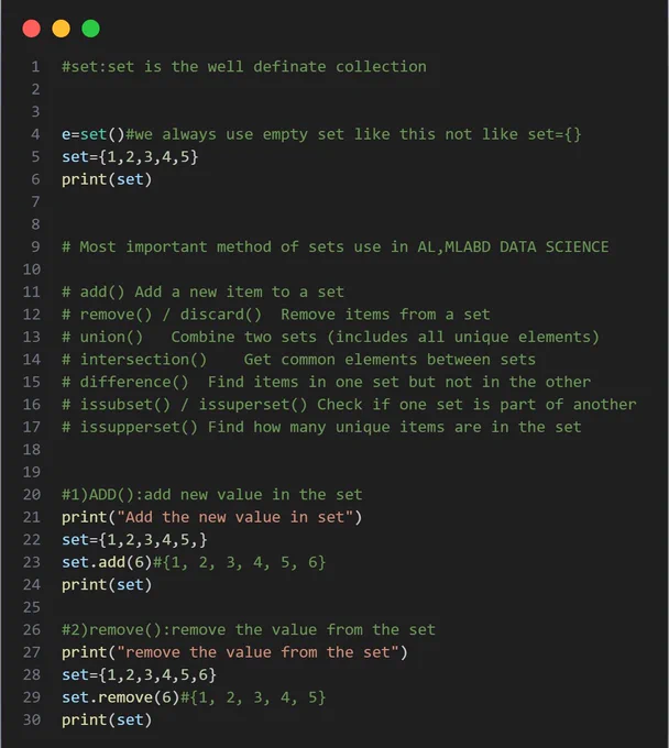 the output of these inputs
{1, 2, 3, 4, 5}
Add the new value in set
{1, 2, 3, 4, 5, 6}
remove the value from the set
{1, 2, 3, 4, 5}
find the unoin of both set a and b
{1, 2, 3, 4, 5, 6, 7}
find the intersection of a and b  
{1, 4}
True
True
PS C:\Users\shahz\Desktop\python basic