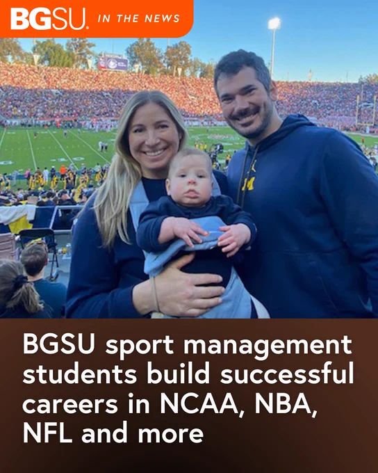 BGSU Alumnus Brent Papenfuss at University of Michigan football game, with headline "BGSU sport management students build successful careers in NCAA, NBA, NFL and more"