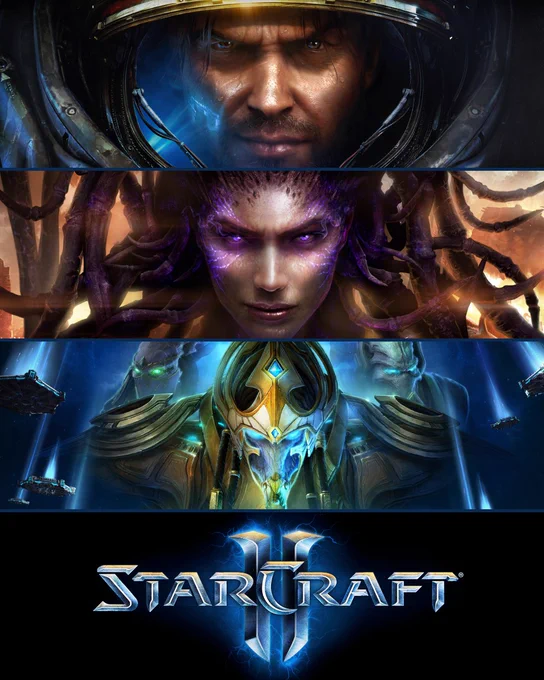 Promotional image for StarCraft featuring close-up portraits of three characters: a human in a space helmet, a Zerg character, and a Protoss character, with the StarCraft logo at the bottom.