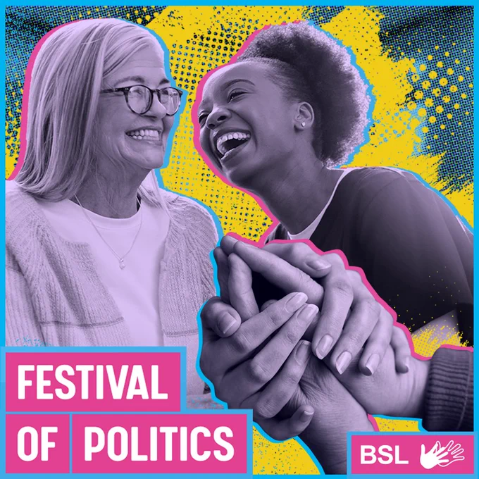 Two people holding hands in a supportive gesture against a vibrant yellow and blue pop art background with Festival of Politics text.