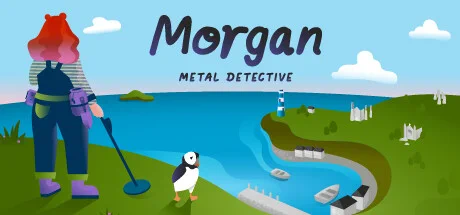 Artwork for Morgan Metal Detective showing a woman with red and pink hair standing on a cliff edge holding a metal detector. She's looking over a beautiful bay to a lighthouse in the distance.