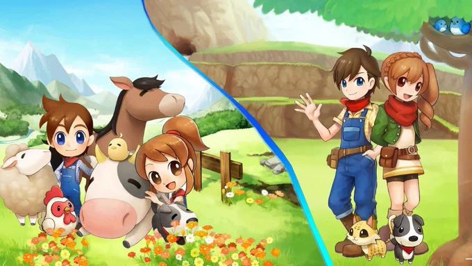 Artwork for Harvest Moon: The Lost Valley & Skytree Village showing two different game arts mashed together. One shows a male and female character standing in a flowery field surrounded by animals, including a cow, sheep, horse, chicken, and dog. The other shows the same two characters stood under a tree with a dog and cat at their feet. 