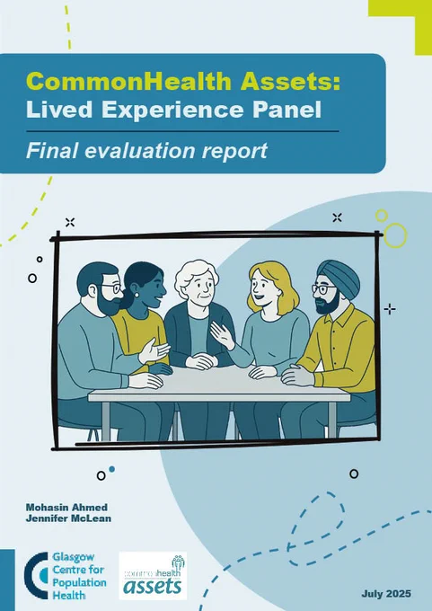 Cover of the report, entitled 'CommonHealth Assets: Lived Experience Panel - Final evaluation report'. The cover is light blue with an illustration representing the panel. There are three women and two men of varied ages and ethnicities sitting around a table, conversing.
