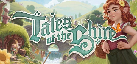 Artwork for Tales of the Shire showing a hobbit with ginger hair carrying a basket of vegetables making her way towards a hobbit home in the distance where a figure with blonde hair is waiting in the doorway. 