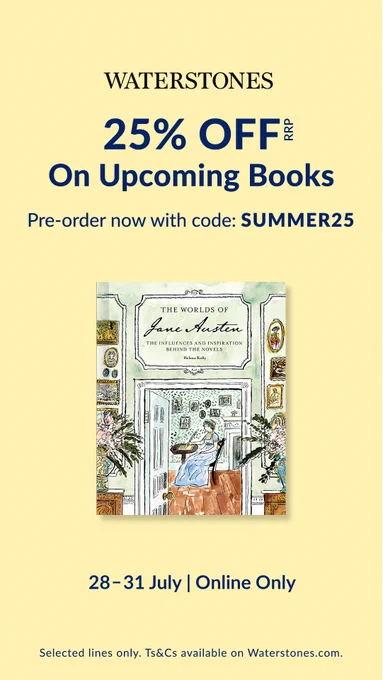 Against a butter-yellow background, the cover of The Worlds of Jane Austen, with information of a pre-order offer.