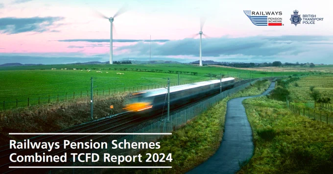 Image shows the front cover of the Railways Pension Schemes Combined TCFD Report 2024. It shows a train on a track in the countryside by sunset with wind turbines in the background.