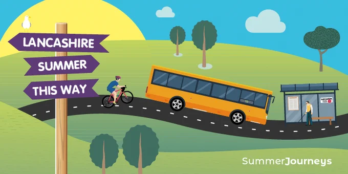 Graphic of a bus, a bus stop and a cyclist on a green hill with a signpost saying Lancashire summer this way