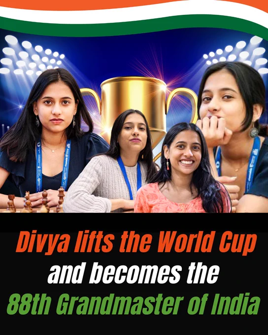 And she did it by defeating a legend — Koneru Humpy — in the finals.

A true generational clash.
One that gave us goosebumps.

But this wasn’t just a win.
It was a message.

To every player who stayed back.
Practiced longer.
Believed harder.

Divya becomes India’s 88th Grandmaster with this win.
Let that sink in.

You don’t need noise.
You don’t need validation.

You just need to show up.
Every single day.
Even when no one’s watching.

Because one day —
The world will.

Take a bow, Divya Deshmukh.
You didn’t just play.
You inspired.