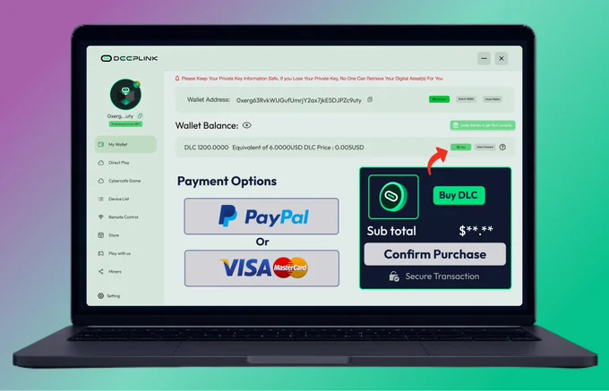 Paying for cloud gaming with PayPal and credit card on DeepLink
