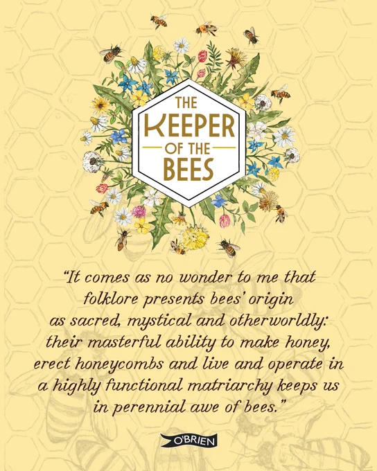 Soft yellow background with a honey, bees and foliage. Writing in deeper yellow and dark brown.