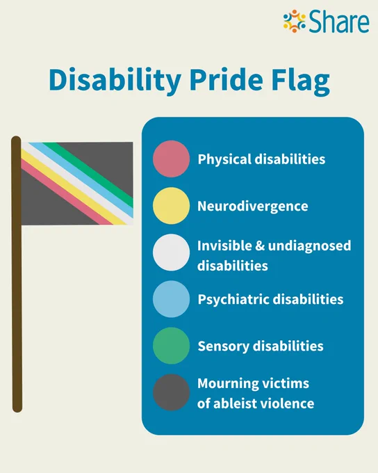 A graphic by Share Community explaining what the different colours on the Disability Pride flag represent. The flag features a black background with five diagonal stripes of different colours.

The red stripe represents 'Physical disabilities'. The yellow stripe represents 'Neurodivergence'. The white stripe represents 'Invisible & undiagnosed disabilities'. The blue stripe represents 'Psychiatric disabilities'. The green stripe represents 'Sensory disabilities'. And the black background represents 'Mourning victims of ableist violence'.