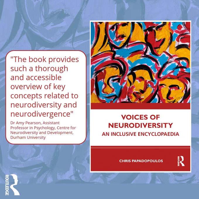 Book cover 'Voices of Neurodiversity: An Inclusive Encyclopaedia' with quote copy: "The book provides such a thorough and accessible overview of key concepts related to neurodiversity and neurodivergence" Dr Amy Pearson, Assistant Professor in Psychology, Centre for Neurodiversity and Development, Durham University