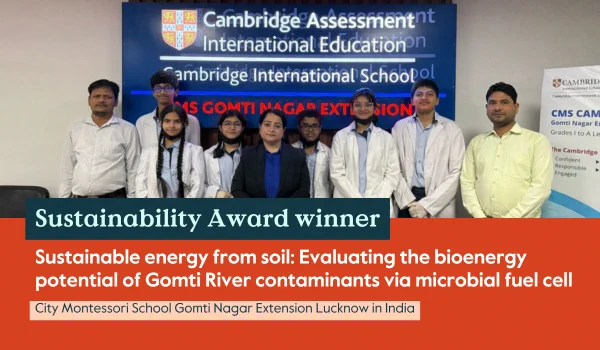 Mohd Shayan Siddiqui, Aadwik Sinha, Syed Azhaan Hasan, Aarini Srivastava, Sharanya Vats and Noora Enayati from City Montessori School Gomti Nagar Extension Lucknow in India won both awards for their investigation into generating sustainable energy from soil. The students along with their educators are posing in front of the Cambridge Assessment International Education logo. The students are wearing laboratory coats.