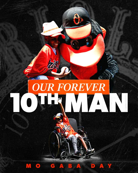 Mo Gaba Day | Our Forever 10th Man

The graphic features images of Mo Gaba on the field at Oriole Park wearing an orange Orioles jersey.