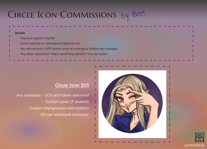 a commission pricing page for circle icon drawings at $15 USD. inquiries can be sent to shiningbee15@gmail.com.