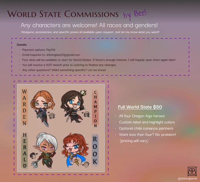 a commission page for dragon age world state chibi drawings at $50 USD. inquiries can be sent to shiningbee15@gmail.com. commissions are for up to four characters, with custom labels for each protagonist.