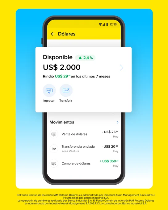 Pantalla de rendimientos en dólares de Mercado Pago