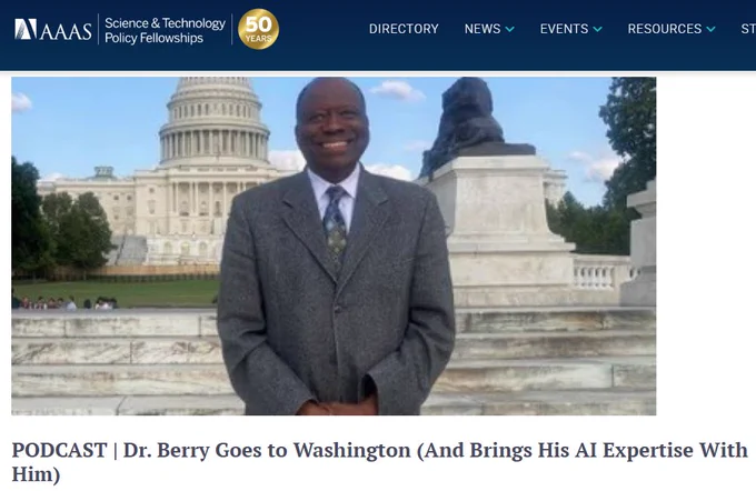 Screenshot from webpage hosting the podcast mentioned in the caption, "Dr. Berry Goes to Washington (and Brings His AI Expertise with Him)". The podcast cover image is of Dr. Berry wearing a dark grey suit, standing on the steps in front of Capitol Hill.
