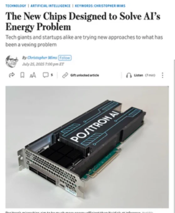 Screen shot from the Wall Street Journal, depicting the article "The New Chips Designed to Solve AI's Energy Problem", which speaks in depth about Positron's offering in the inference space.