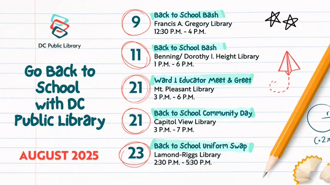 August 2025 calendar with notes for 'Back to School with DC Public Library' events at various library locations, including Francis A. Gregory Library, Dorothy I. Height Library, Mt. Pleasant Library, Capitol View Library, and Lamond-Riggs Library. The calendar is styled on a lined notebook background with doodles and a pencil on the right side.
