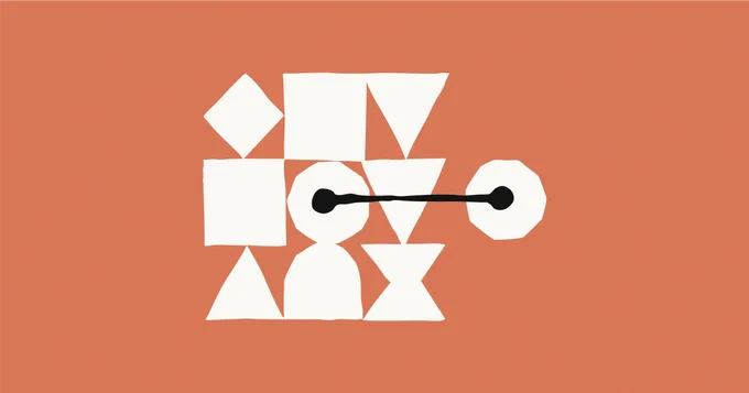 Abstract picture of shapes and lines on an orange background.