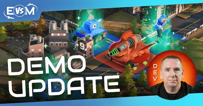 Image shows the Earth vs Mars Demo Update video thumbnail, depicting a battle from Earth vs Mars with a photo of the Game Director, Philip Harris, titled "Demo Update"