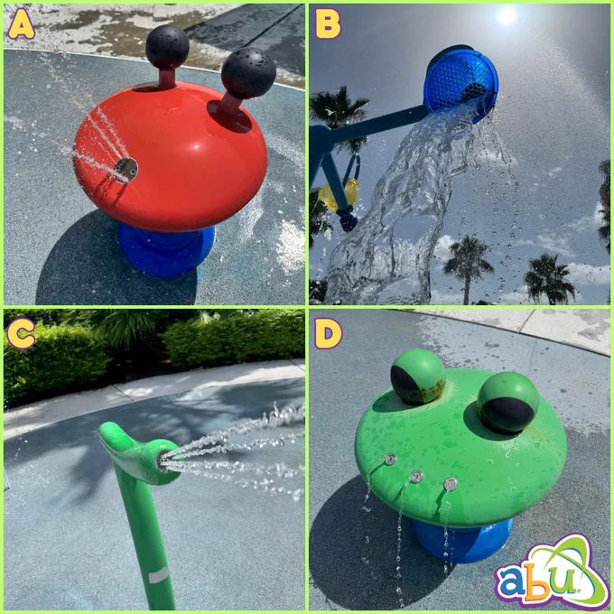 A set of four images are made into a grid. On the top left, marked with "A", is a red water squirter made to look like a crab, spraying water. In the top right, marked with "B" is a blue bucket, dropping water. In the bottom left, marked "C", is a green water sprayer, shooting water. And in the bottom right, marked with "D" is a green frog squirt, just trickling water.