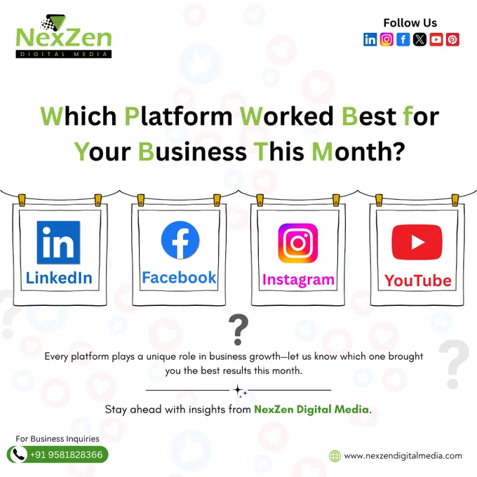 Your Business. Your Platform. Your Growth.

Every business has its favorite stage—and every platform tells a different story. 📊
At NexZen Digital Media, we’re curious to know:
Which platform helped your business grow the most this month—LinkedIn, Facebook, Instagram, or YouTube?

Let’s spark a conversation and learn from each other. Drop your vote or share your experience in the comments! 💬
Because in digital growth, every insight counts.
📞 Call us at:  91 95 81 82 83 66
📧 Email: contact@nexzendigitalmedia.com
🌐 Visit: www.nexzendigitalmedia.com

#NexZenDigitalMedia #PlatformPerformance #BusinessGrowth #SocialMediaMarketing #DigitalStrategy #MarketingInsights #EngagementMatters #OnlineGrowth #MarketingPoll #BusinessSuccess #LinkedInMarketing #FacebookAds #InstagramGrowth #YouTubeMarketing #SocialTrends #GrowWithUs #DigitalExperts #MarketingCommunity #PollTime #VoteNow