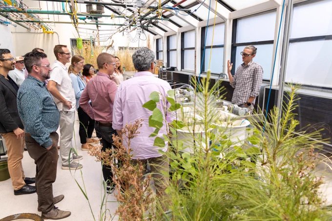 A researcher speaks to a group of people in a greenhouse full of plants.