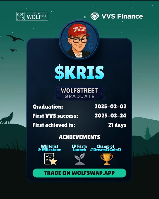 The $KRIS ( @kristokencro ) is among one of our earliest graduates in this summary reaching VVS  With #DreamItCoinIt championship among the community, they obtained two amazing achievements on VVS in matter of 21 days 🎉