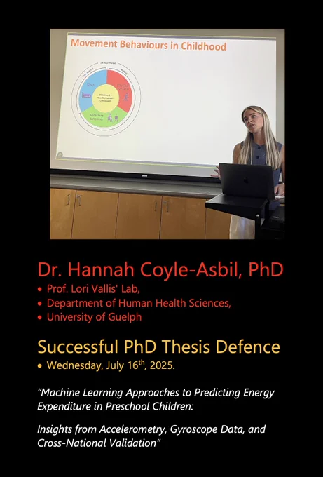 A photo of Hannah at her defence, in front of a projected title screen with the same title of her thesis that is listed in this posting.