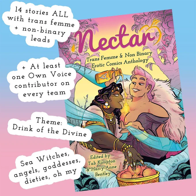 Illustration of a book with a trans femme person dripping nectar down their chest while a non binary person licks it off