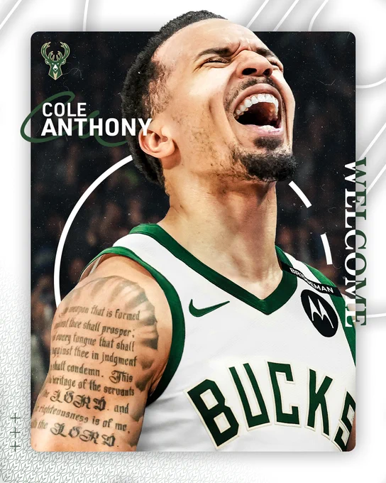 A white graphic featuring a photoshopped image of Cole Anthony yelling in excitement in a white Bucks jersey. Text on the graphic reads, "Cole Anthony. Welcome."