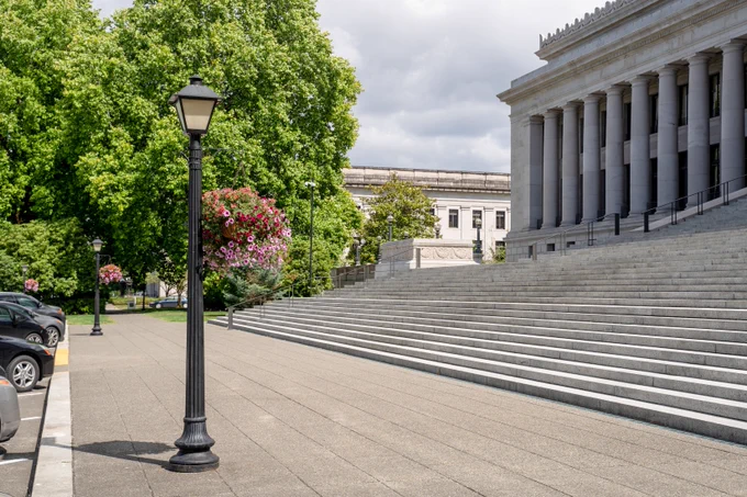 Legislative Building steps. Two light posts with baskets of flowers hang off of them. 