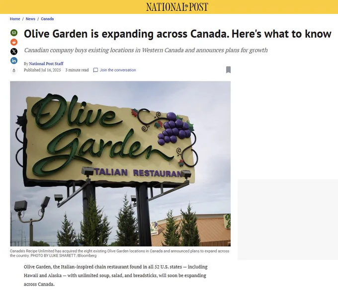 Screen capture of a National Post article about Olive Garden. The text indicates that Olive Garden has restaurants in all 52 states.