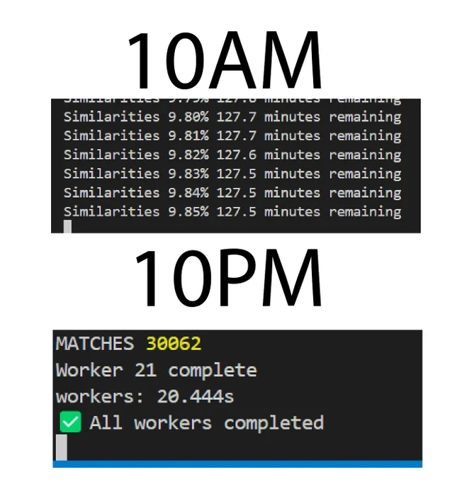 10AM - list of times showing 9.84% 127.5 minutes remaining, then 10pm , workers complete in 20.444s