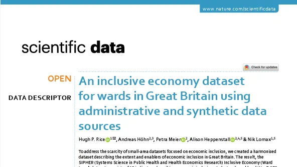 Header of the paper An inclusive economy dataset for wards in Great Britain using administrative and synthetic data sources. published in Nature Scientific Data July 2025